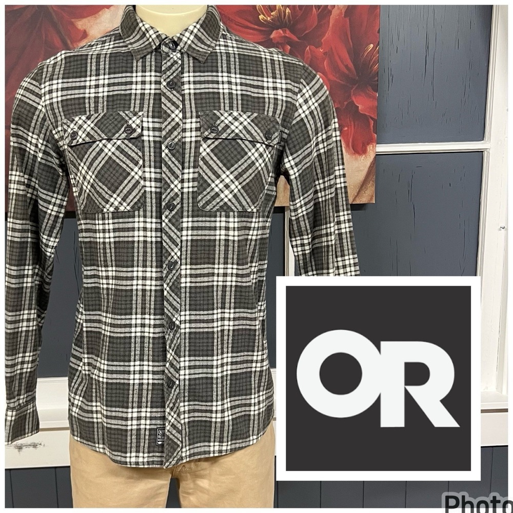 Outdoor Research Crony Long Sleeve Flannel Shirt Mens Sz M Gray Organic Cotton